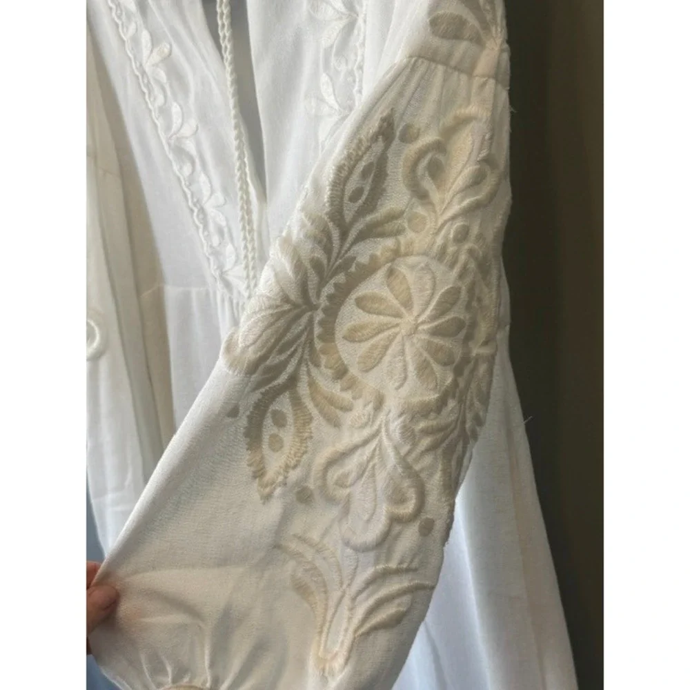Zara Woman Embroidered Midi Dress Size S White Balloon Sleeve Tassel Boho India - Picture 4 of 8